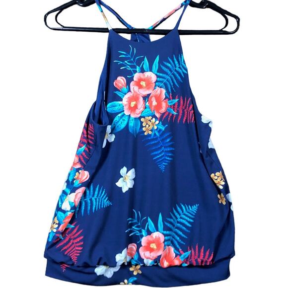 Express Womens Blouse Blue Floral Tank Sleeveless WaistBand Stretch XS - Picture 1 of 10